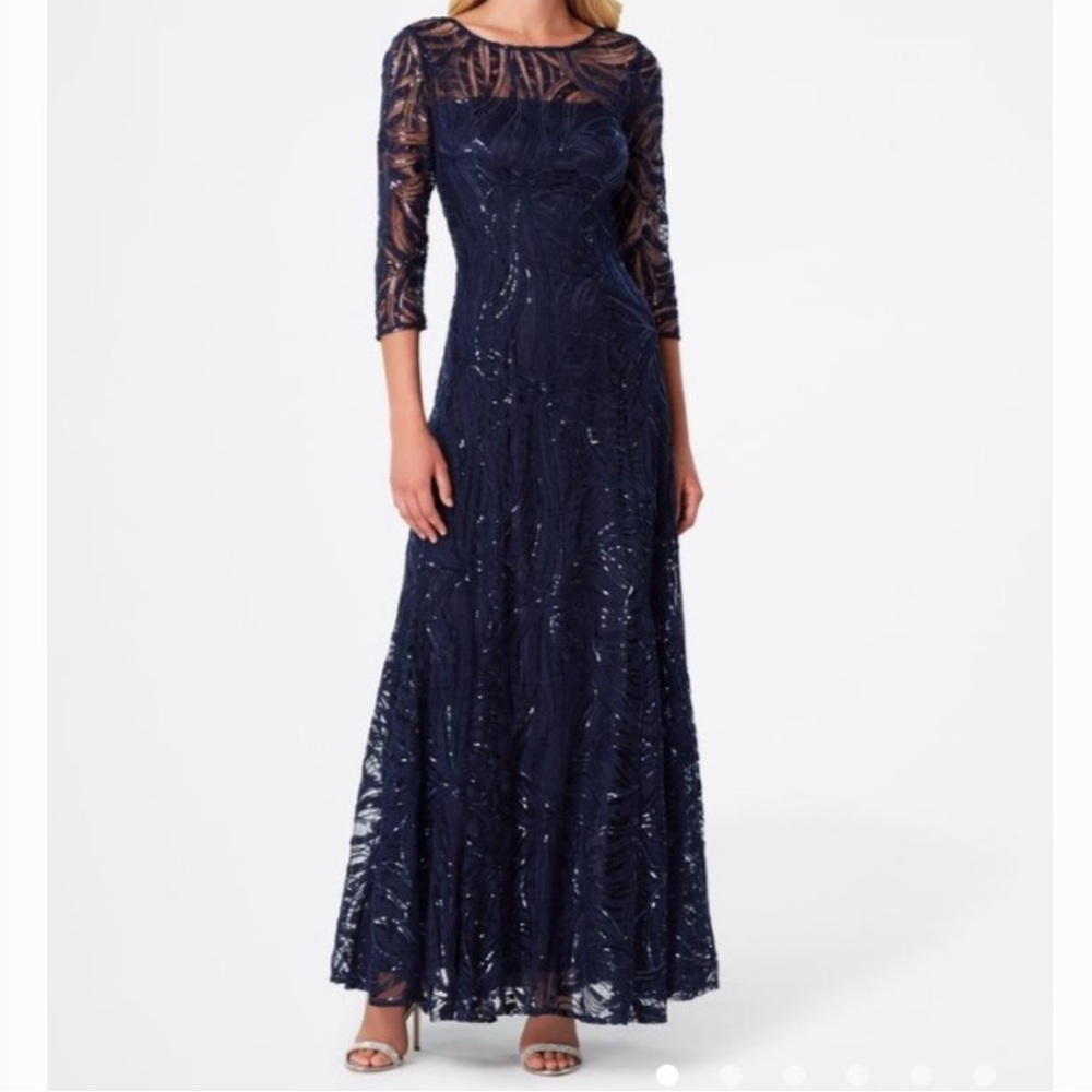 Tahari Arthur S. Levine 3/4 Sleeve Navy Blue Sequin Formal Gown